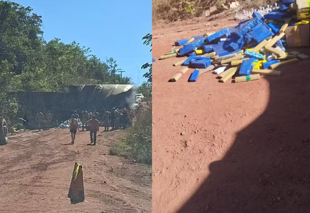 Carreta tomba e polícia encontra 1,3 tonelada de droga no Tocantins